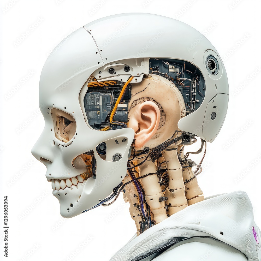 Poster Futuristic robot featuring a distinctive head and neck design illustrating advanced technology and innovation concepts