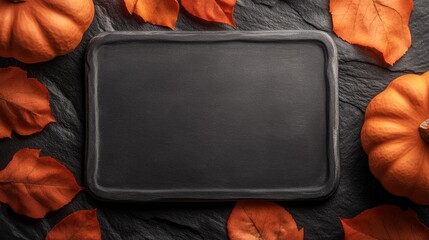 Autumn still life with pumpkins and leaves.  A dark slate board provides a blank space.