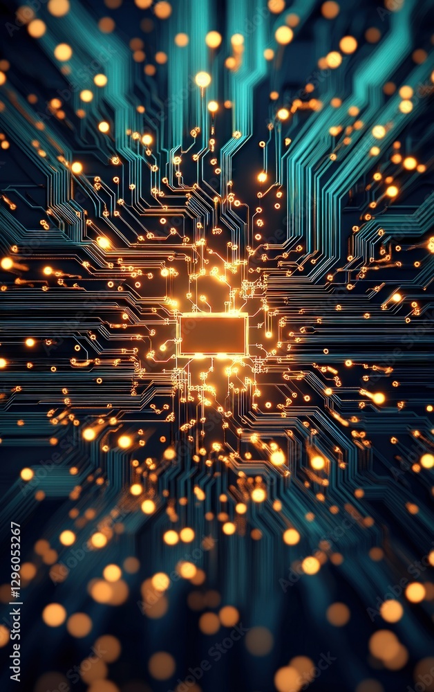 Leinwandbilder Abstract circuit board with glowing lights emitting from multiple points creating a dynamic technological scene