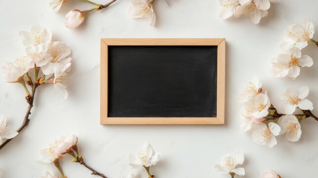 Blank chalkboard surrounded by delicate cherry blossoms.