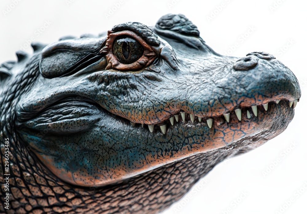 Poster detailed close-up of realistic alligator head with intricate texture and sharp teeth against a light
