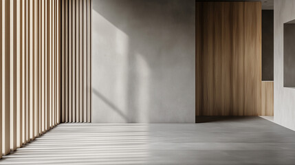 a modern room features a raised platform and a black wall with geometric panels