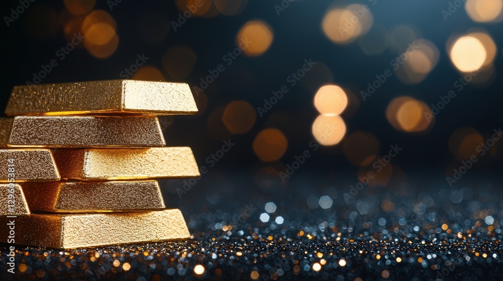 Poster a close up shot of a stack of gleaming gold bars, reflecting the surrounding lights, set against a d