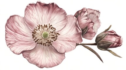 Delicate pink flowers with buds, botanical illustration.