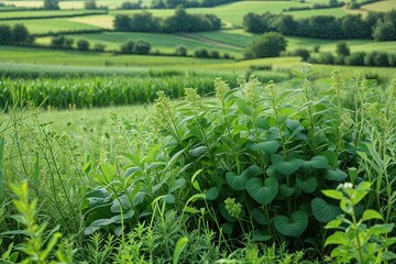 Fototapeta premium Lush Green Landscape Background Featuring Vibrant Fields and Herbaceous Plants