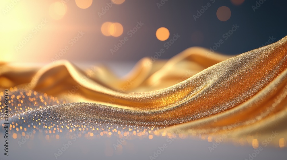 Poster a close up shot of shimmering gold fabric with a subtle wave pattern, catching the light and creatin