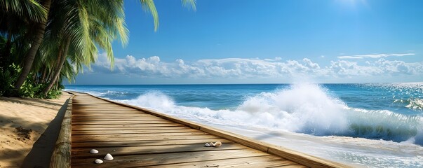Tropical beach boardwalk with waves breaking on the sandy shore