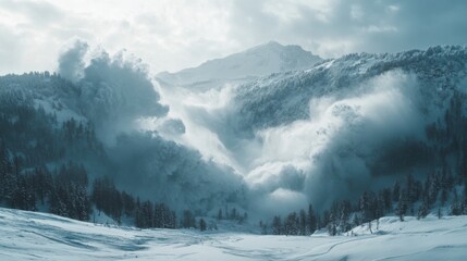 Obraz premium Mountain avalanche. White snow cloud flowing down mountain. Forest in winter landscape. Snowy mountains and winter forest. Large avalanche in alps.