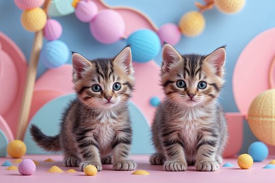 Adorable Playful Kittens in Vibrant Pastel Decor for Home Interior Design