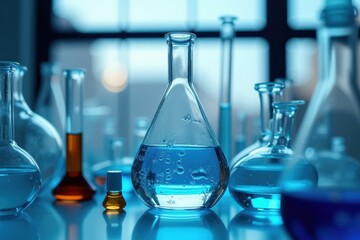 A Captivating Display of Colorful Laboratory Glassware with Vivid Blue Liquids Under Soft Natural Lighting in a Scientific Research Environment