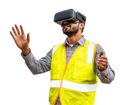 man wearing yellow safety vest and VR headset, engaged in virtual reality. His hands are raised, expressing excitement and immersion in experience