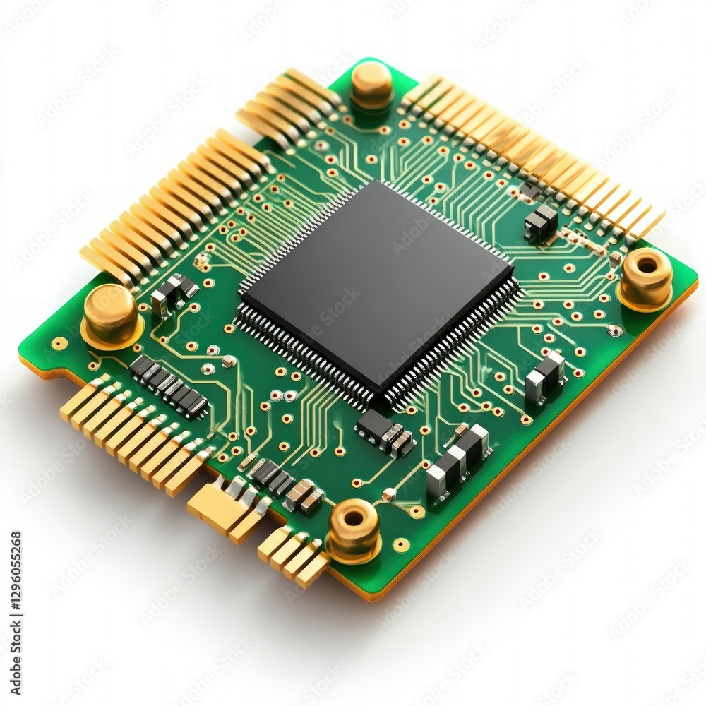 Poster Macro perspective of a micro board highlighting its compact size and intricate electronic components arrangement