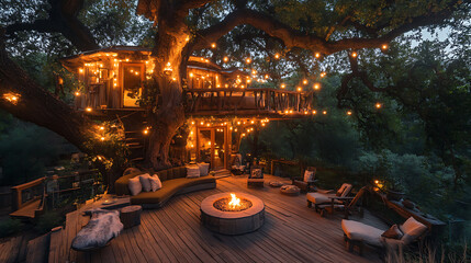 3D rendering of House under the big tree with light illumination