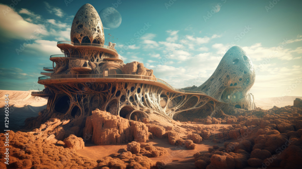 Poster surreal fantasy constrcution on a strange alien planet
