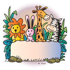 Cute hand drawn vector illustration of cute cartoon animals and place for text