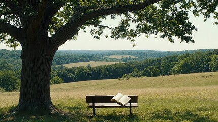 Naklejka premium Tranquil Vista Book on Bench Under Tree Shade