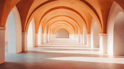 A long hallway with arched ceilings and white pillars. Sunlight streams in, creating shadows on the floor.