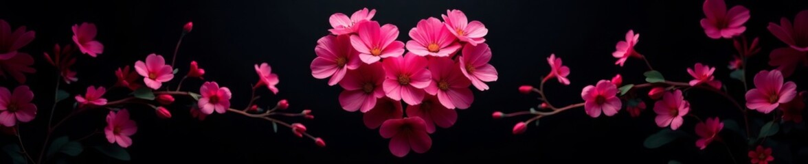Fototapeta premium A striking black background accentuates a stunning heart-shaped arrangement of vibrant pink flowers, heart, flowers