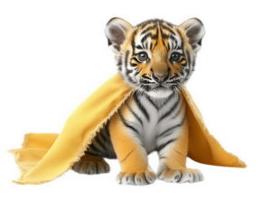 tiny tiger cub wearing yellow superhero cape, exuding playful and heroic charm. This adorable animal captures essence of bravery and cuteness