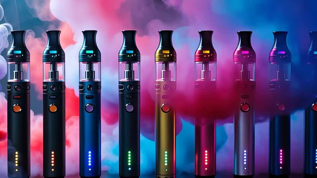 Colorful Modern Vape Pens Emitting Vibrant Smoke in a Row with LED Indicators in a Trendy Abstract Background

