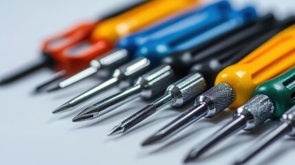 Various screwdrivers close-up on white surface