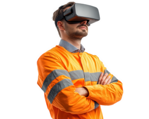 man wearing virtual reality headset and orange work uniform stands confidently with arms crossed. scene conveys sense of innovation and technology in workplace