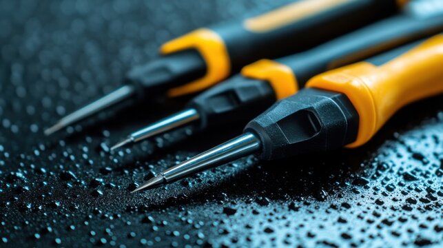 Three precision screwdrivers on wet dark surface