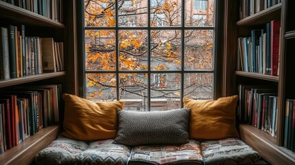 Cozy Autumn Window Seat with Books and Pillows