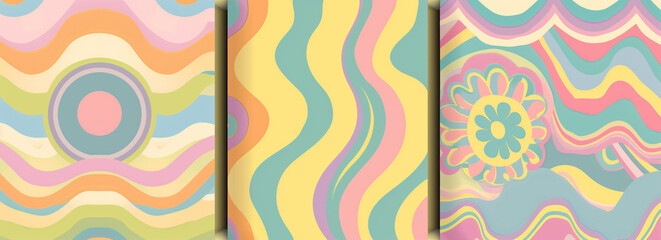 Set of retro groovy background patterns in pastel colors vector illustration retro poster with vintage patterns and optical illusions for design elements in the style of vector illustration.
