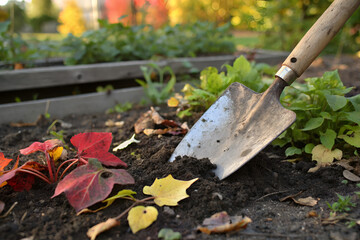 Rustic Garden Shovel in Rich Soil with Vibrant Autumn Leaves and Emerging Plants Against Golden Blurred Background
