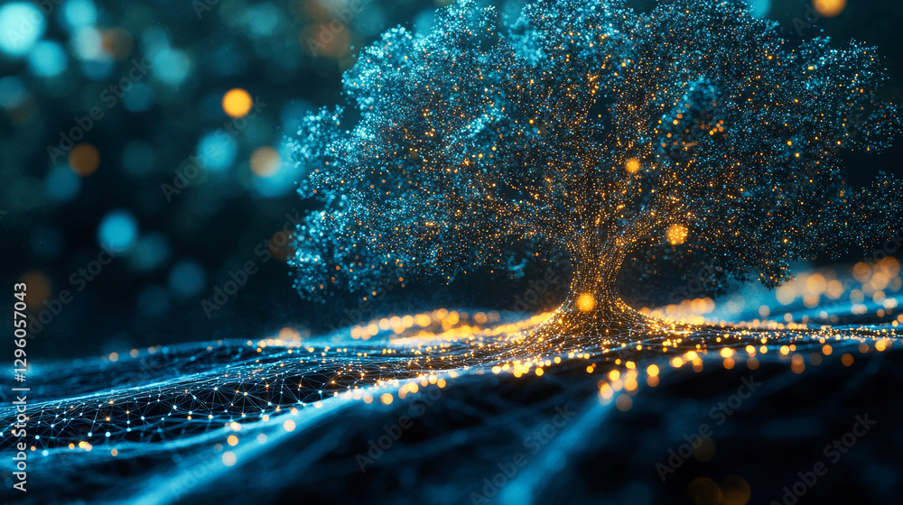 Poster a stylized tree composed of interconnected lines and nodes, resembling a neural network or data visu
