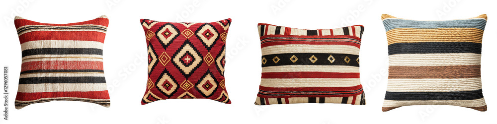 Poster assortment of colorful and textured throw pillows with varied patterns and designs ideal for adding 