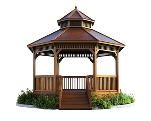 wooden gazebo with sloped roof, surrounded by greenery, perfect for outdoor gatherings and relaxation. This structure adds charm to gardens and parks