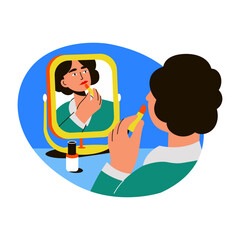 A flat style illustration of a woman applying lipstick in front of mirror
