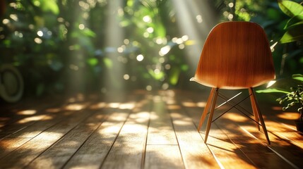 Wooden chair in sunlit jungle interior