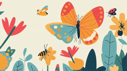 Whimsical Illustration of Butterflies and Insects Amidst Stylized Flowers and Foliage