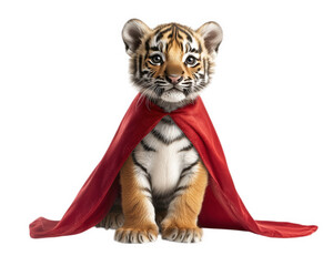tiny tiger cub wearing red superhero cape, looking adorable and heroic. This playful scene captures essence of courage and cuteness in delightful way