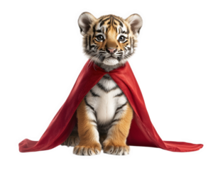 tiny tiger cub wearing red superhero cape, looking adorable and heroic. This playful scene captures essence of courage and cuteness in delightful way