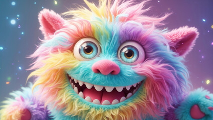 A charmingly vibrant, endearingly fluffy cute monster with a contagious smile, pastel colored and glowing with joy