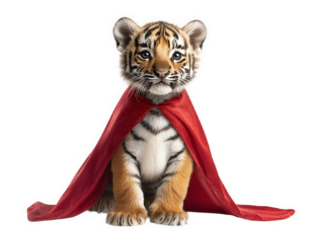tiny tiger cub wearing red superhero cape, looking adorable and heroic. This playful scene captures essence of courage and cuteness in delightful way