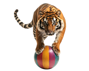tiger balancing on colorful circus ball, showcasing its strength and agility. This captivating scene highlights animal playful nature and impressive coordination
