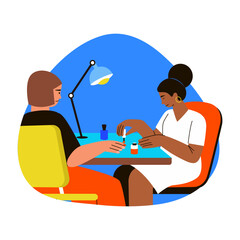 A woman doing manicure to her client, flat style illustration