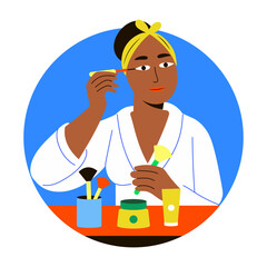 A flat style illustration of a woman doing makeup