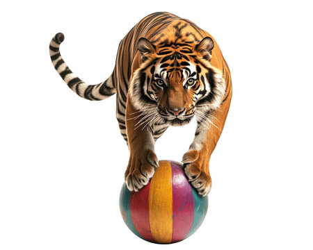 tiger balancing on colorful circus ball, showcasing its strength and agility. This captivating scene highlights animal playful nature and impressive coordination
