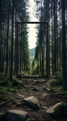 Fototapeta premium A forest path leads to a distant mountain framed by trees