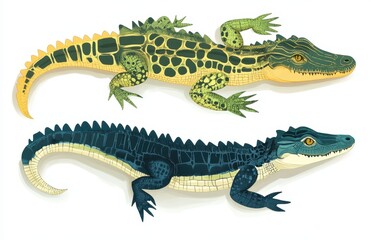 Fototapeta premium Detailed Illustration of Two Distinct Crocodilian Species Showcasing Unique Patterns and Colors in Vibrant Artistic Style