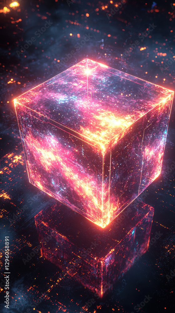 Poster floating abstract 3d neon cube in a dark void with glowing edges and intricate sci-fi details, showc