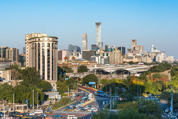 The street view of China World Trade Center CBD and Beijing Railway Station under the urban scenery of Beijing, China