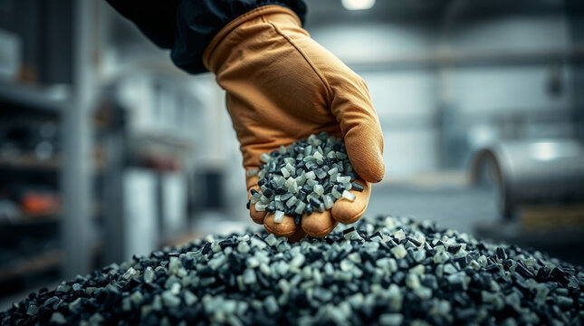 Hands wearing gloves holding plastic flakes at a plastic waste recycling plant, recycling concept