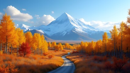 Picturesque Autumn Landscape: Golden Trees, Snowy Mountains, and Winding Road under a Blue Sky